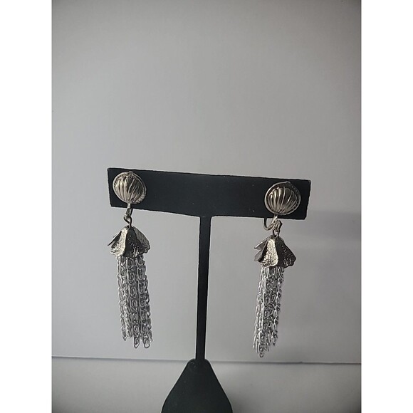 Vintage Earrings Clip On Silver Tone Chain Tassels Drop Dangle Jewelry Costume - Picture 2 of 10